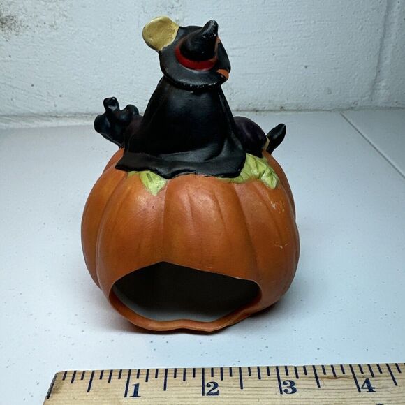 Vintage Ceramic Halloween Pumpkin With Witch Decor Candle Holder - Picture 4 of 7